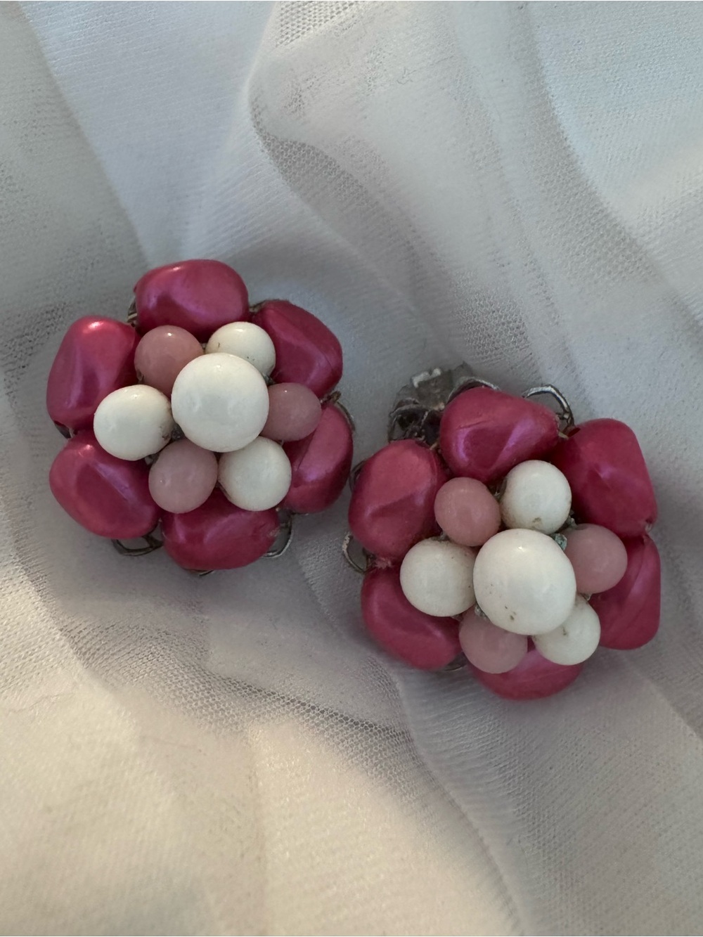 Vintage Clip-on Earrings
Pink & White Beads In Floral Cluster